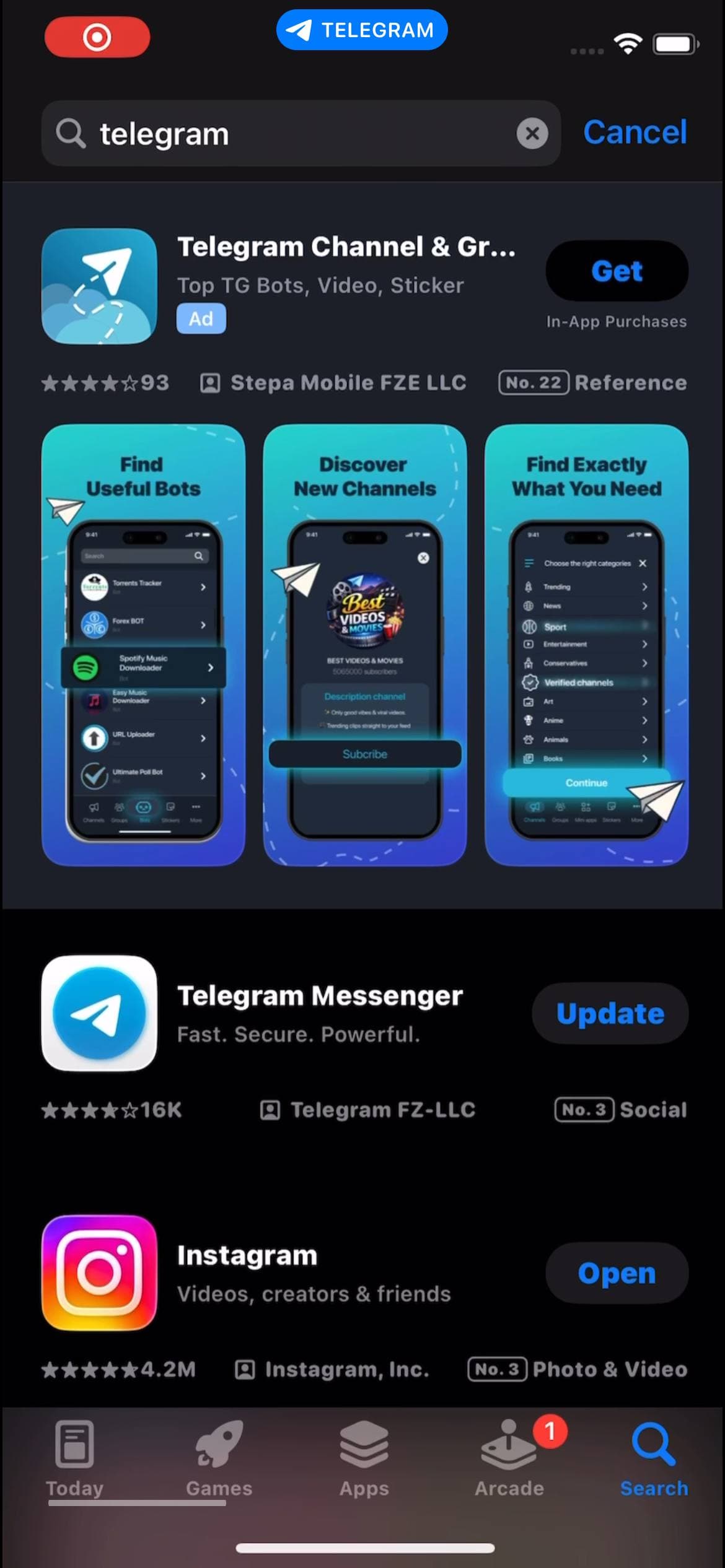 Telegram search results in the App Store